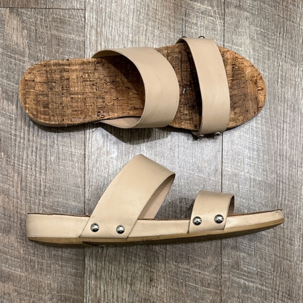 Restricted Beige Double Strap Sandals with Silver stud Detail Size 7.5